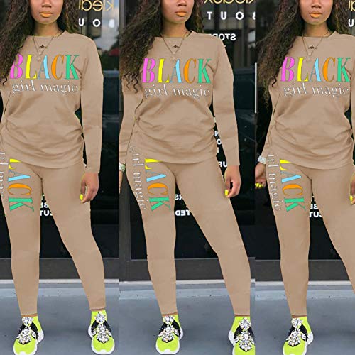 Uni Clau Women's Letter Two-Piece Outfit Tracksuit - Casual Long Sleeve Pullover Bodycon Jogger Pants Set Jumpsuit Rompers Apricot