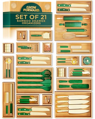 Grow Forward Bamboo Drawer Organizer Boxes - Set of 21 Wooden Drawer Organizers for Kitchen...