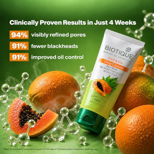 Image of Biotique Papaya Deep Cleanse Face Wash | Gentle Exfoliation | Visibly Glowing Skin | 100% Botanical Extracts| Suitable for All Skin Types | 2x100ml