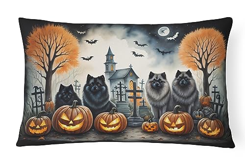 Caroline's Treasures DAC2045PW1216 Keeshond Spooky Halloween Fabric Decorative Pillow Machine Washable, Indoor Outdoor Decorative Pillow for Couch, Bed or Patio, 12HX16W