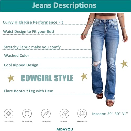 Ripped Flared Jeans Frayed Edges Bootcut Stretchy Subtle Flare Denim Pants Long Length Light Blue3