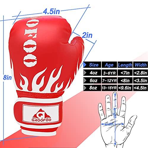 Image of GROOFOO Kids Boxing Gloves for Child Punching Bag Sparring Training, 4oz 6oz fit 3 to 14 Years (Red, 4 Oz)