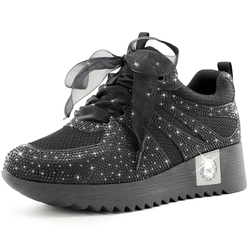 Image of FINDVELL Women's Fashion Glitter Sneakers Platform Wedge Shoes Sparkly Rhinestone High Top Sneakers Trendy Sequin Shoes Wedding Bride Dress