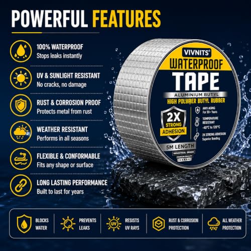 Image of VIVNITS Waterproof Butyl Aluminium Foil Tape for Roof Leakage, Heavy Duty Self Adhesive Waterproof Sealing Tape for Water Tank, Wall, Pipe, Terrace Crack Repair, Duct & Water Leakage Solution, Silver