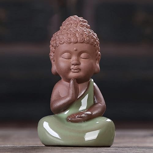 Miniatura 2 de Kingzhuo Estatua de monje de cerámica pequeña y linda estatua de Buda para bebé, decoración del hogar, decoración zen, figura de rulai pacífica (E)