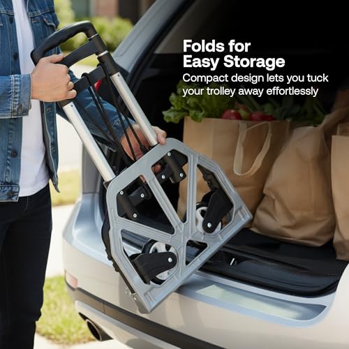 Image of BonKaso Folding Hand Truck 70Kg Capacity | Heavy-Duty Luggage Trolley with Telescopic Handle | Lightweight Collapsible Cart for Travel, Home & Office Use (40x41x100cm) Silver