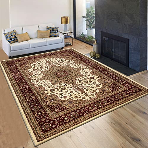 Image of householdfurnishing Vintage Traditional Non Slip Rug Bedroom Living Room Carpet Mat Runners Floral Pattern Wide Area Persian Style Rugs (60 x 110 cm - Door Mat, Cream)