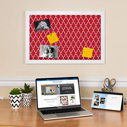 PinPix 24x16 Custom Cork Bulletin Board Quarterfoil Red Poster Board with a Canvas Style Photo Board, Framed in Satin White Frame (PinPix-484)