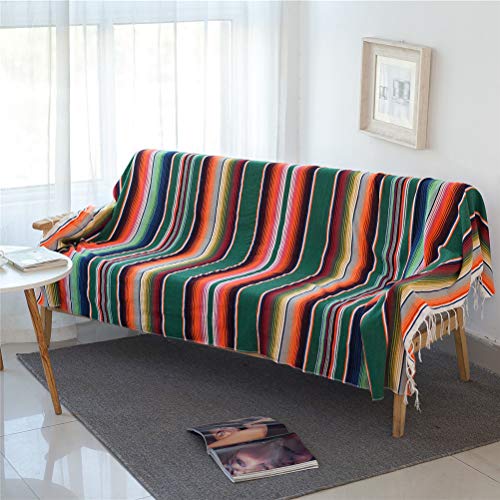 Jqz Mexican Serape Blanket With Tassel Bright Colorful Stripe Rainbow Throw Blanket Yoga Beach Blanket Tablecloth Sofa Cover(Green, 60" X 82") #TOP9