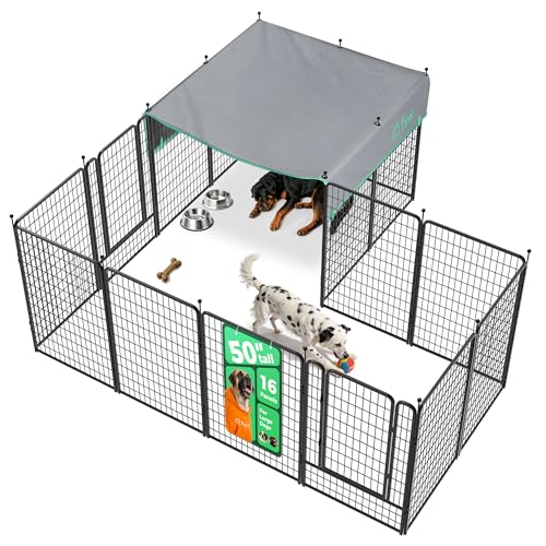 Image of FXW Rollick Unleashed Dog Playpen for Indoor, Yard, RV Camping, 50 inch 16 Panels Dog Pen with Sun Shade for Large Dogs, Black│Patented