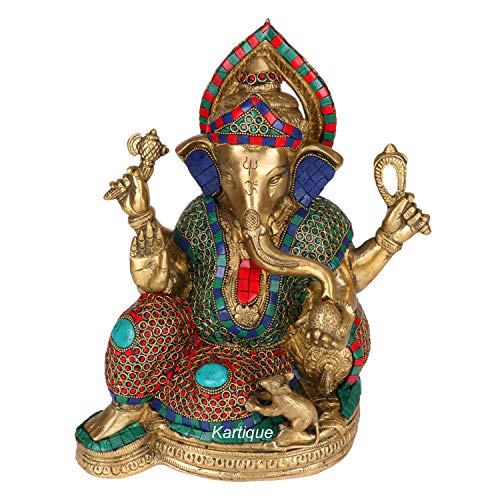 Image of Kartique Brass Ganesha Idol Sitting Stone Inlay Multicolor 13 Inch