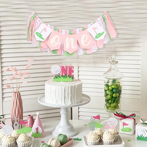 Image of Golf 1st Birthday Decorations For Girls - Hole In One High Chair Banner,Sports Themed First Birthday Photo Props,Golf Pink Green Ribbon One Banner,Baby Girl Smash Cake Backdrop