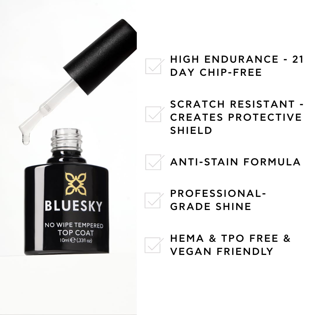 Bluesky No Wipe Tempered Top Coat 10ml, Extra Strong, Hardest Wearing, Clear Gel Nail Polish Top Coat for 21 Day Manicure, Requires Curing Under LED UV Nail Lamp
