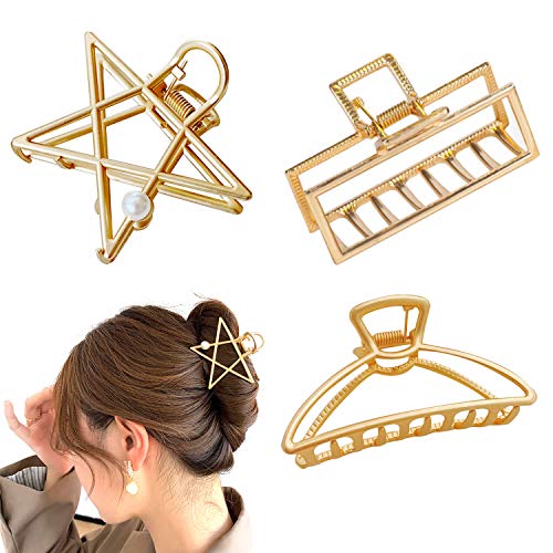 DICAHOME 3pcs Golden Non-Slip Metal Hair Claw Clips Hair Catch Barrette Jaw Clamp for Women Half Bun Hairpins for Fixing Hair and for gifts (Star, Butterfly, rectangle shape)