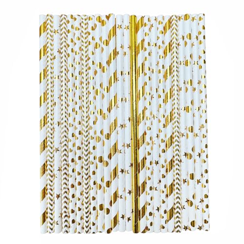 YAOSHENG [100 Pack] Golden Paper Straws Disposable 100% Biodegradable Multi-Pattern Party Straws For Birthday Wedding and Holiday Decoration (golden)