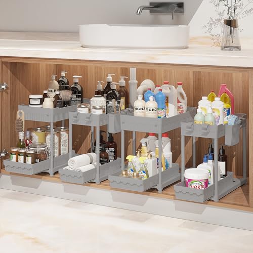 Image of Sevenblue Under Sink Organizer, Bathroom Organizers and Storage, 2 Tier Multi-Use Pull Out Cabinet Organizer with Hang Hooks and Cups (Gray, 4 Pack)