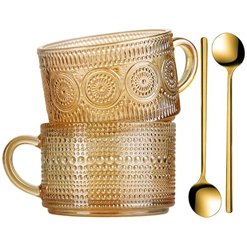 WHJY Vintage Glass Coffee Mugs with Spoon, Set of 2 espresso ribbed glass coffee cup?Embossed Tea Cups, Esthetic Tea Cups for Cappuccino, Latte, Hot Beverages, 14 oz