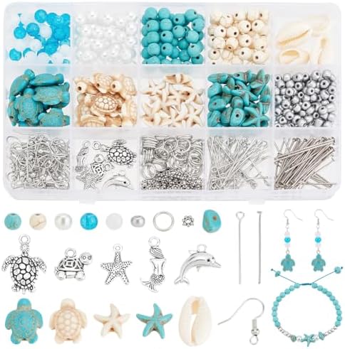 PH PandaHall 575pcs Turquoise Turtle Beads Ocean Beads Charms Starfish Seashell Bead Charms Tortoise Mermaid Pendants for Summer Beach Necklace Earring Bracelet Anklet Jewelry Making