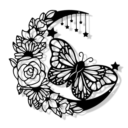 YunBey Deco Murale Metal Noire Décoration Murale de Papillon de Fleurs de Lune Sculptures Décoration Chambre des Filles Jardin Salon Salle de Bain (30 x 30...