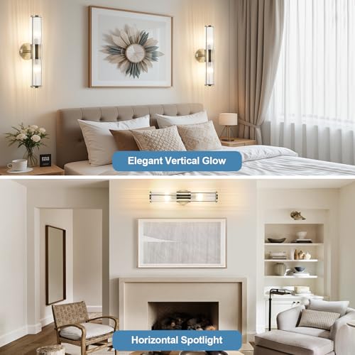 Image of Modern Vanity Light Fixture, Brushed Bronze Wall Sconce with Glass Rod Shades, 2-Light Bathroom Mirror Lighting for Bronze Bathroom Light Fixture & Makeup Application (Bulbs Not Included)