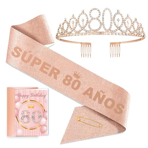 Toctax Kit presente aniversário 80 anos mulher, banda super 80 anos, tiara 80, cartão e envelope. Ideal como presente e decoração para festas