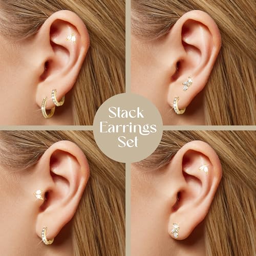 8 pcs Stack Earrings Set, 4 pairs Hypoallergenic Small Huggie Hoop Earrings, 18k Gold plated, Cubic Zirconia, Dainty Stud Earrings, Multiple Piercing, Silver posts, Trendy Jewelry for Women, Gift Box3