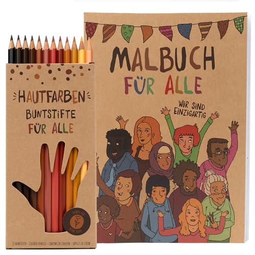 Hautfarben Kinderwunsch Set, 12 Buntstifte in unterschiedlichen Hauttönen, Malbuch für alle, für Kinder ab 3 Jahren, stärkt Vielfalt, aus nachhaltigen Materialien, Geschenk für Schultüte Kitatüte