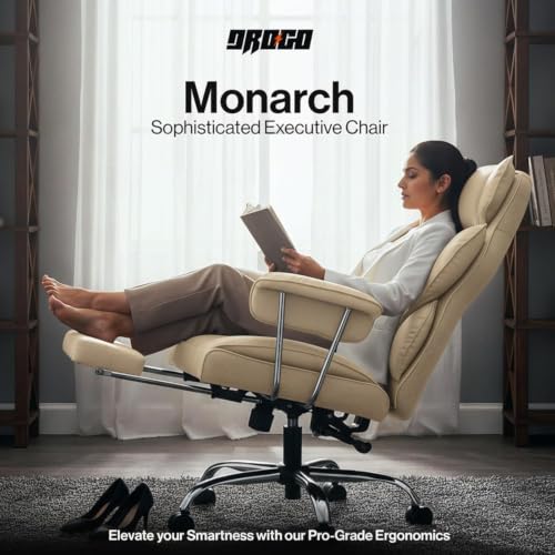 Image of DROGO Premium Leatherette Ergonomic Office Chair for Work from Home, Desk Computer Chair with Spacious Cushion Seat, Soft Armrest, Head & Lumbar Support (Cream)