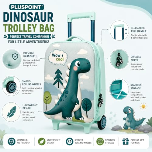 Image of PLUSPOINT Dinosaur Theme Kids Trolley Bag | 16 Inch Hard Shell Cabin Luggage with Wheels | Lightweight Travel Suitcase for Boys & Girls | School Trips, Vacations, Holidays & Weekend Travel