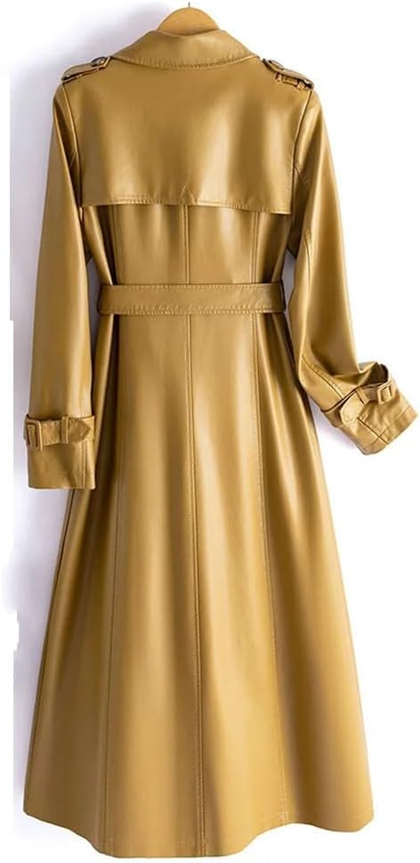 Women Double-Breasted Lace-Up Belt Genuine Leather Trench Coats Mid Length Women Real Sheepskin Windbreaker