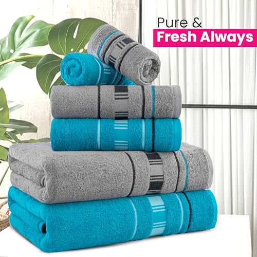 Image of Casa Copenhagen, Germany Design - X Line Super Soft Collection 100% Cotton 6 Piece Towel Set, Includes 2 Bath Towels 2 Hand Towels 2 Washcloths - Grey & Teal