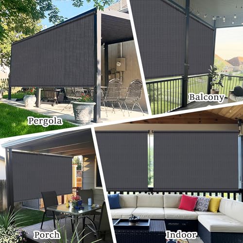 Image of 6' W x6' H Cordless Outdoor Roller Shades, Bluegrey | 90% UV Block, Patio Roll Up Outdoor Blinds, 2 Poles & 1 Fabric, Exterior Sun Shade Cloth For Porch, Gazebo, Balcony, Pergola