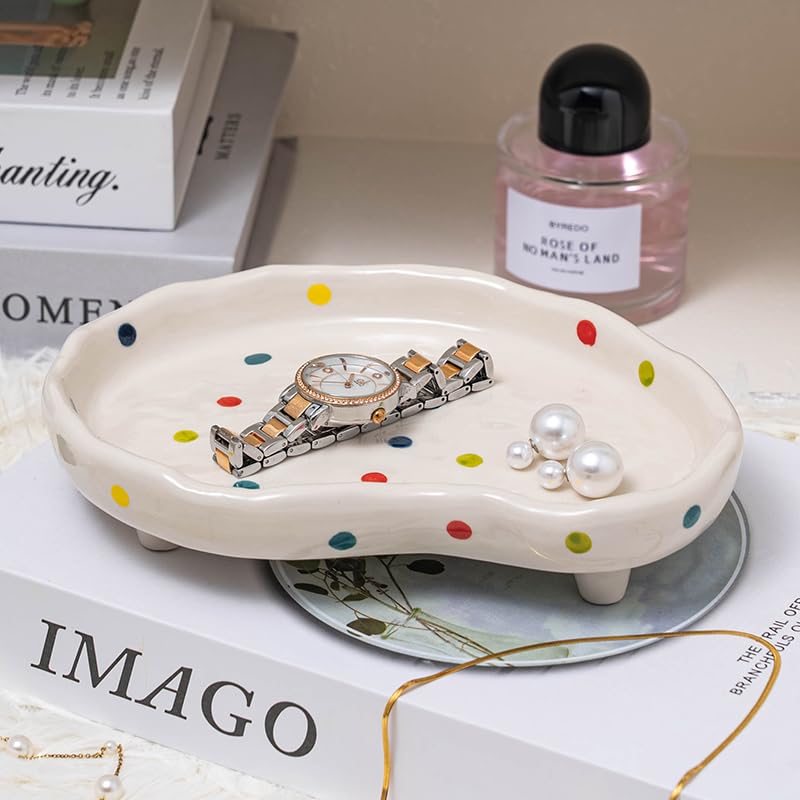 Bandeja de cerámica para joyas, bandeja decorativa para perfume, cuenco para llaves, mesa de entrada, decoración de tocador de baño (blanco)