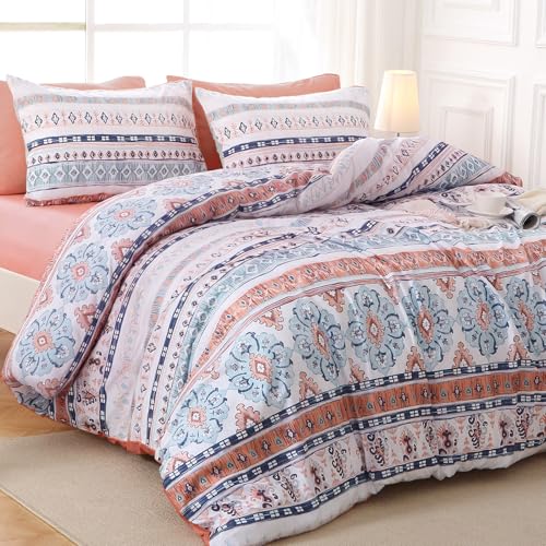 Image of MUXHOMO Boho Pink Full Comforter Set, Elegant Floral Print Bed in a Bag 7 Pieces, Ultra Soft & Breathable Reversible Botanical Pattern Bedding Set with Comforter, Sheets, Pillowcases, and Shams