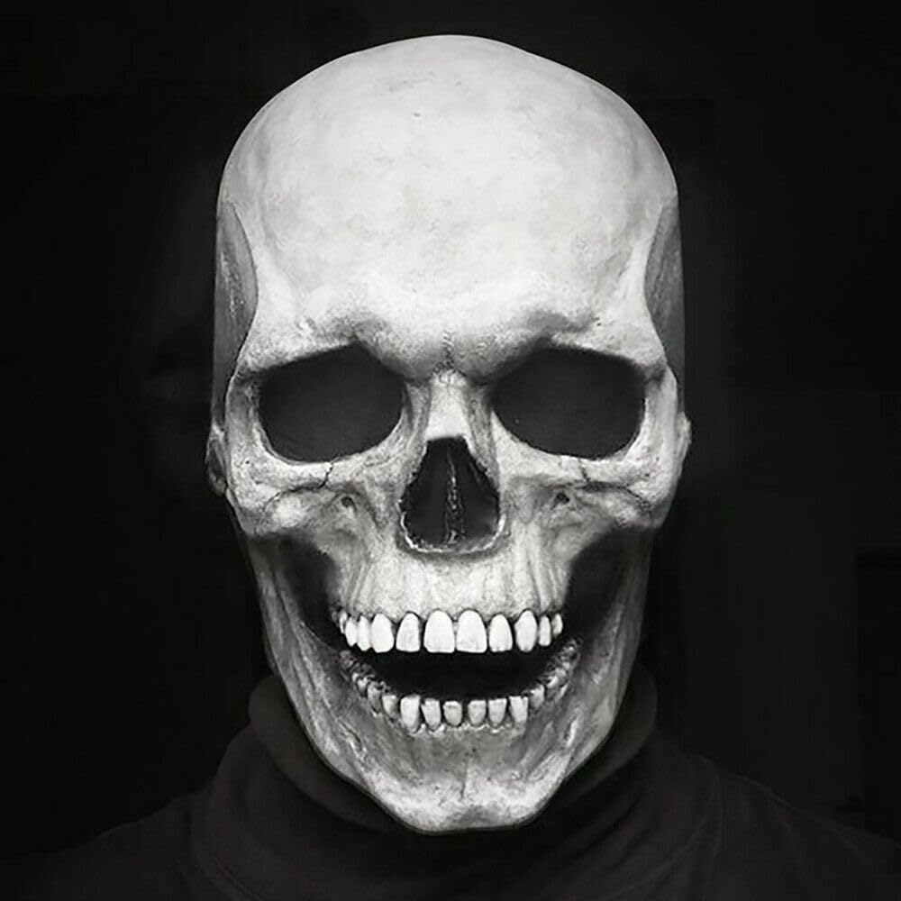 Halloween Skull Mask Full Head Helmet Movable Jaw Horror Party Pro Scary Halloween Cosplay Costume Favor Supplies (White)