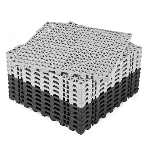 Image of ToLanbbt Modular Interlocking Cushion 12P 11.8 inch x11.8 inch Interlocking Rubber Floor Drain Holes Non-Slip Splicing Drainage Mats for Deck, Shower, Kitchen, Drain Pool, Indoor Outdoor (Grey Black)
