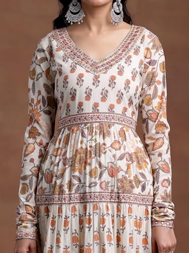 Image of Libas Women Cotton Off White Printed A Line Kurta With Palazzos Dupatta | daily wear suit