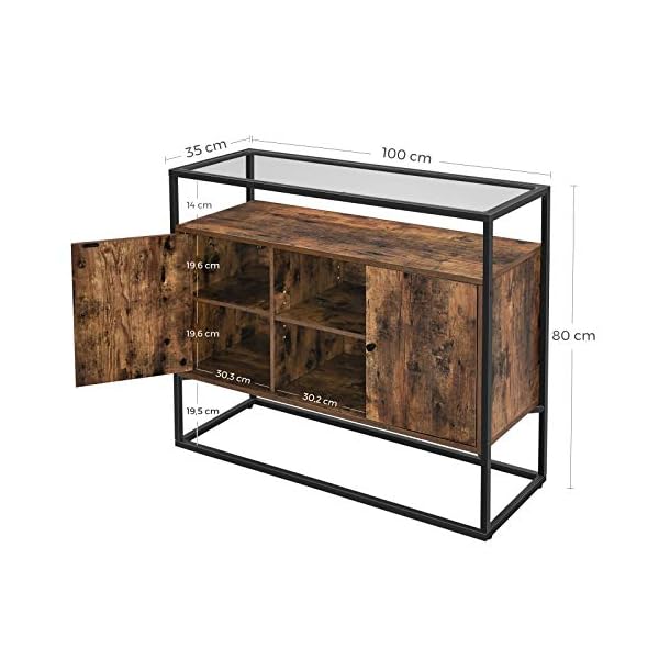 VASAGLE Sideboard, Side Cabinet, Storage Cabinet with Glass Surface and Open Compartments, Living Room, Hallway, Steel Frame, Tempered Glass, Industrial, Rustic Brown and Black LSC014B01 - Image 7