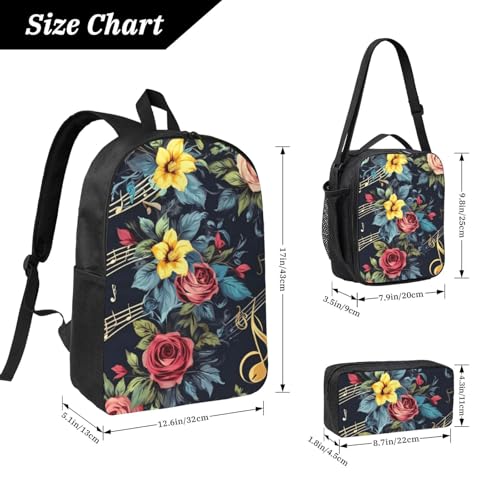 Musical Note Floral print Backpack Bookbag for Daily Use,3 Pcs Backpack Set with Lunch Box and Pencil Case4