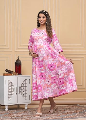Image of JAIPURFAME Stylish Women's Pure Cotton All Over Printed Kurti Gown, Maternity Dress, and Feeding Dress - Comfortable and Elegant Maternity Wear for Women Baby Pink