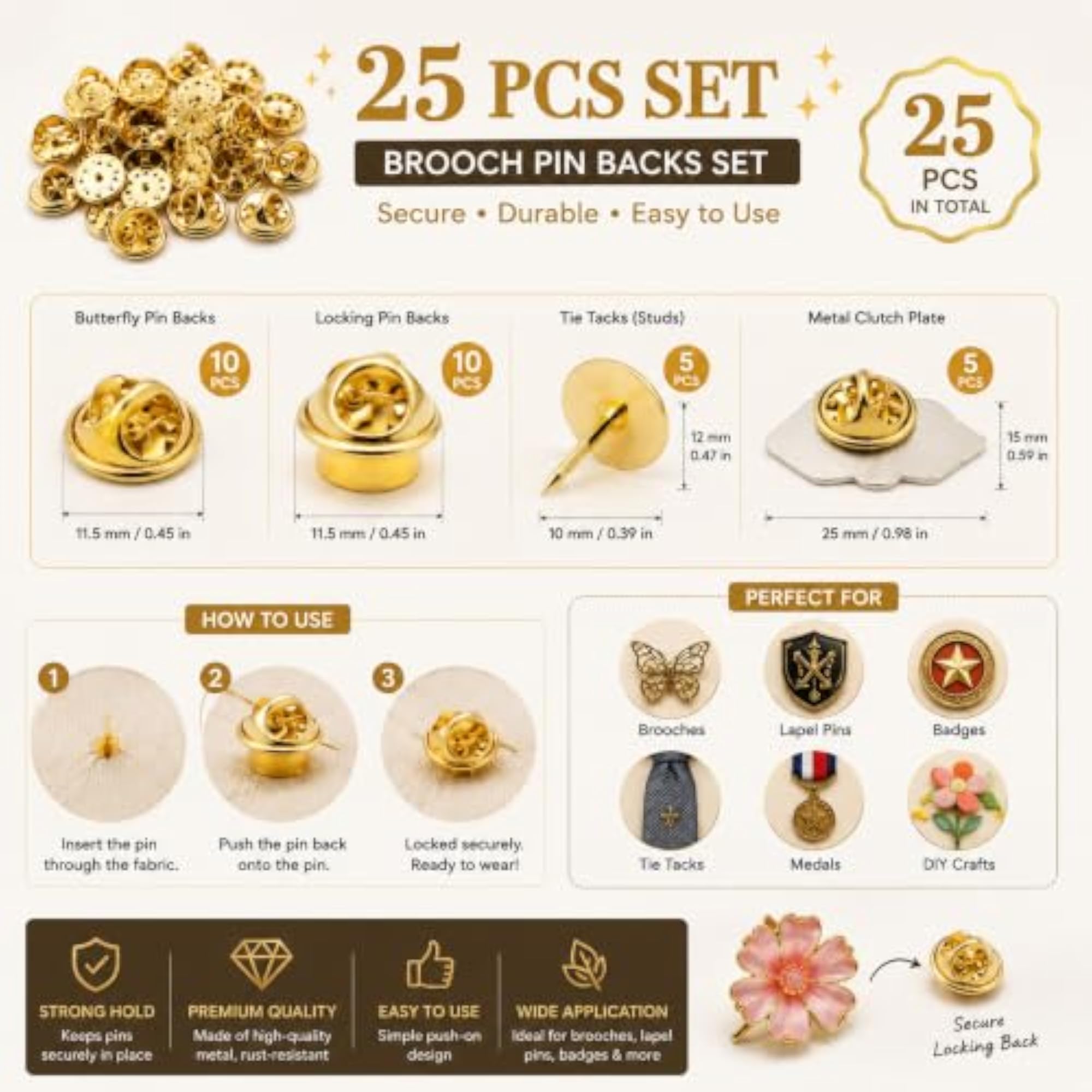 25pcs Brooch Pin Backs Set for DIY Jewellery Making