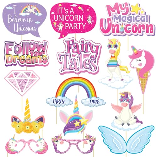 Image of Party Propz Unicorn Theme Photo Booth Props - 15 Pcs Birthday Decorations Kit for Girls with Rainbow and Fairy Tale Theme Designs, Unicorn Birthday Decorations for Girls (Cardstock)