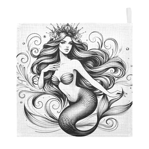 Image of Bolaz Washcloths Set Bathroom Kitchen Wash Cloths Face Towels Wipes Mermaid Sketch Decorative 12x12 Inch 5 Pack