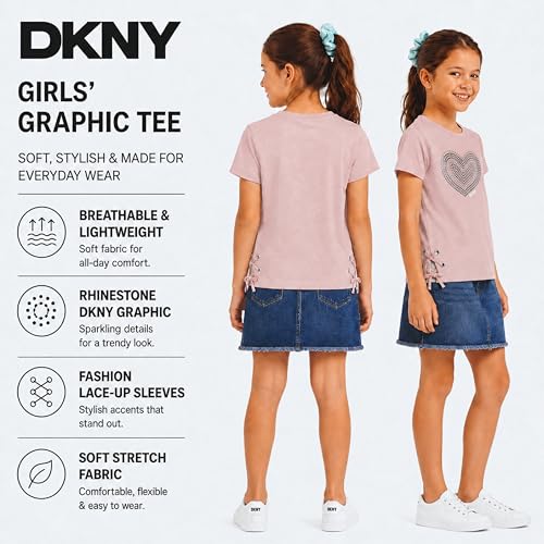 Image of DKNY Girls Shirts - Lightweight Cotton Blend Short Sleeve Crewneck Graphic Tee Cute Tops - Casual Trendy Girls Summer Clothes