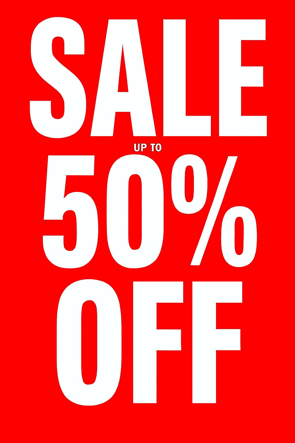 10x SALE Up to 50 Percent Off A1 Poster – Bold Retail Window Display Sign | High Visibility Red Promotional Poster for Shopfronts, Boutiques, Pop-Ups & Stores | Durable, Easy to Hang (59.4 x 84.1cm)