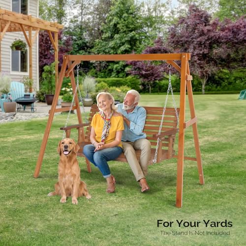 Image of VINGLI 5 FT Outdoor Porch Swing, Upgraded XL Size Seat Depth & Back Height Wooden Patio Swing, Heavy Duty 880 LBS Front Hanging Swing for Yard, Tree, Balcony (Brown)