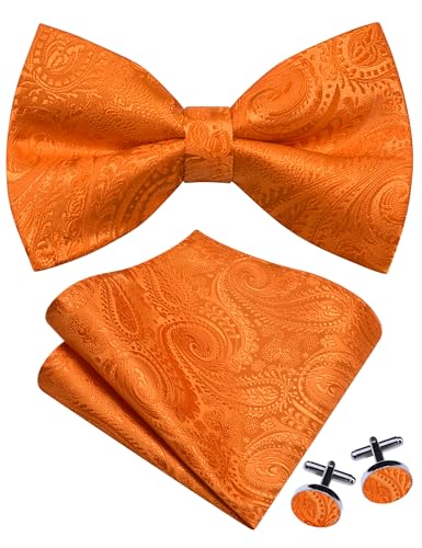 GUSLESON Mens Orange Bow Tie Set for Wedding Pre-Tied Solid Paisley Bowties Handkerchief Cufflinks for Party (0489-10)