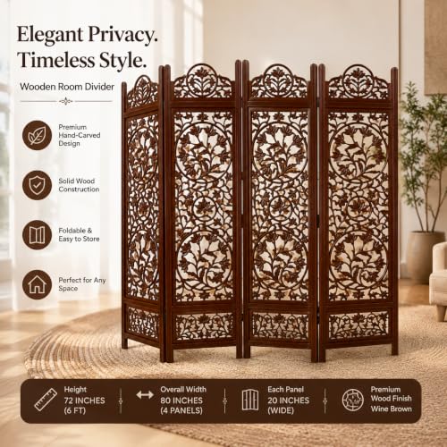 Image of Handcrafted Wooden Room Divider 4 Panel Foldable Privacy Screen, Carved Decorative Partition for Living Room, Bedroom, Office, Home Decor, Brown Finish, (72 x 80 Inch)