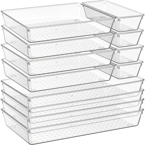 Image of Criusia 12 Pack Large Clear Plastic Drawer Organizer Trays | MULTI-USE Acrylic Drawer Storage for Kitchen, Bathroom, Makeup, Office, School, Undies | College Dorm Room, Home Apartment Essentials