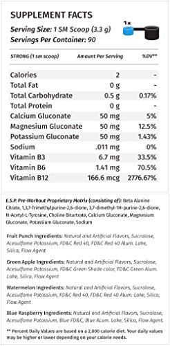 Image of Metabolic Nutrition | ESP - Stimulating Pre Workout, Pre Intra Workout Supplement | Energy & Endurance Stimulating | Natural, Safe & Mental Focus | Blue Raspberry, 300 Grams (90 Servings)